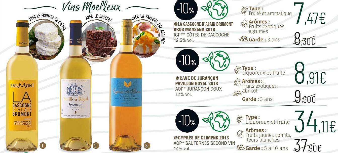 la gascogne d'alain brumont gros manseng 2019 igp côtes de gascogne 12.5% vol., cave de jurançon pavillon royal 2018 aop jurançon doux 12% vol., cyprès de climens 2013 aop sauternes second vin