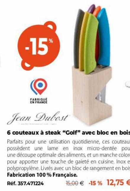 6 couteaux à steak "golf" avec bloc en bois jean dubost