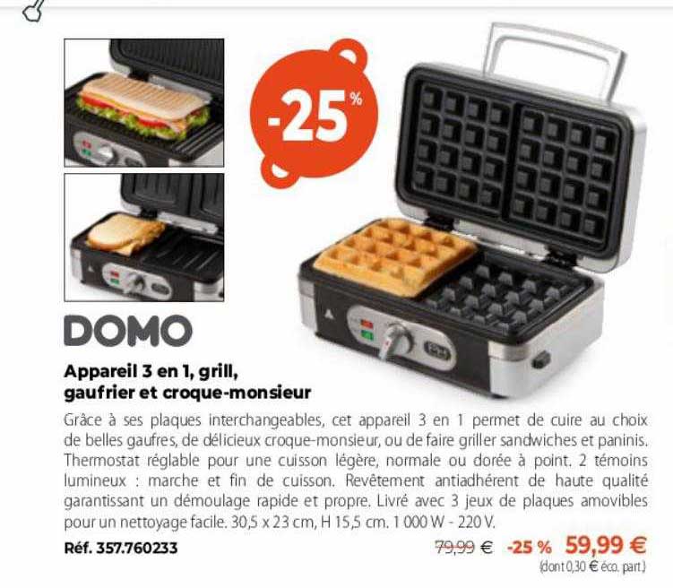 appareil 3 en 1, grill, gaufrier et croque-monsieur