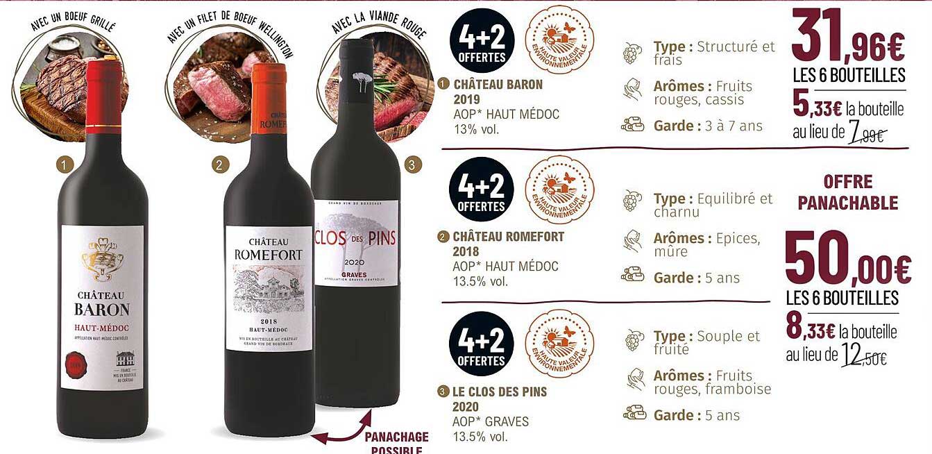 château baron 2019 aop haut médoc 13% vol., château romefort 2018 aop haut médoc 13.5%, le clos de pins 2020 aop graves 13.5% vol.
