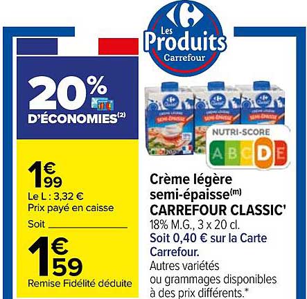 Crème Légère Semi-épaisse Carrefour Classic'