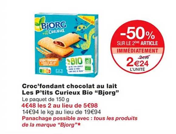 croc'fondant chocolat au lait les p'tits curieux bio "bjorg"