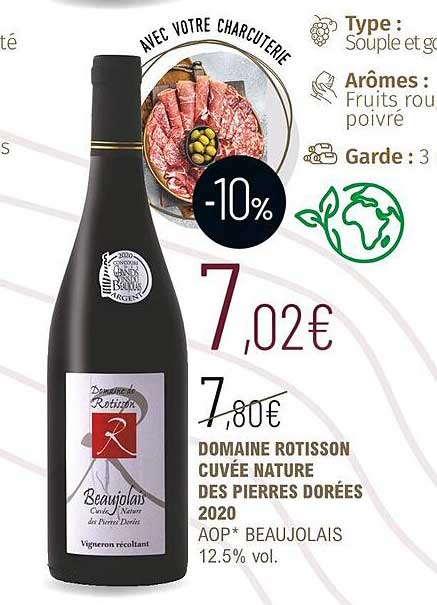 domaine rotisson cuvée nature des pierres dorées 2020 aop beaujolais 12.5% vol.