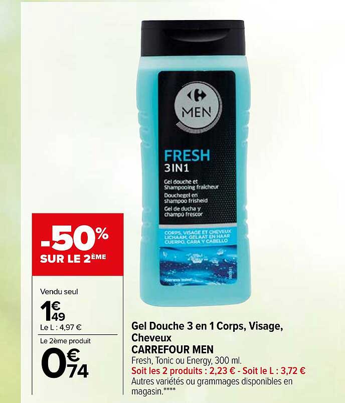 Gel Douche 3 En 1 Corps, Visage, Cheveux Carrefour Men