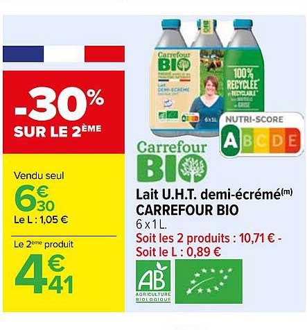 lait u.h.t. demi-écrémé carrefour bio