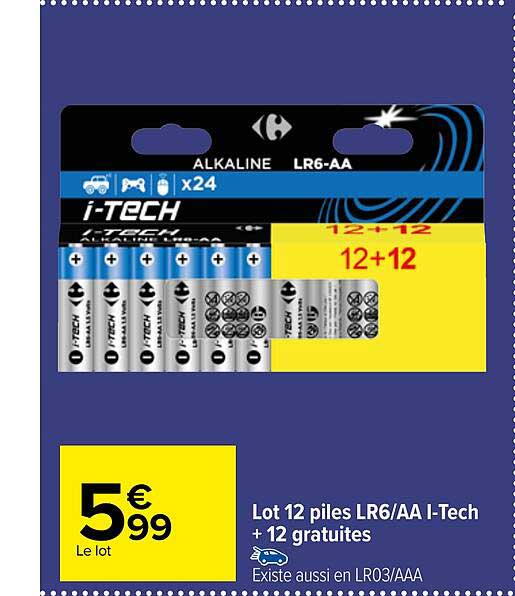 lot 12 piles lr6-aa i-tech + 12 gratuites