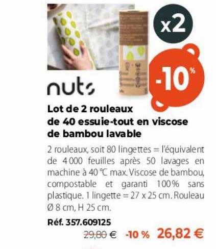 lot de 2 rouleaux de 40 essuie-tout en viscose de bambou lavable nuts