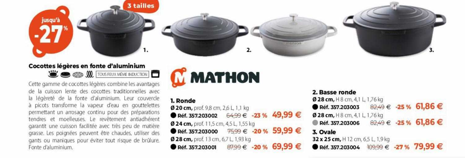 mathon cocottes légères en fonte d'aluminium ronde ou basse ronde