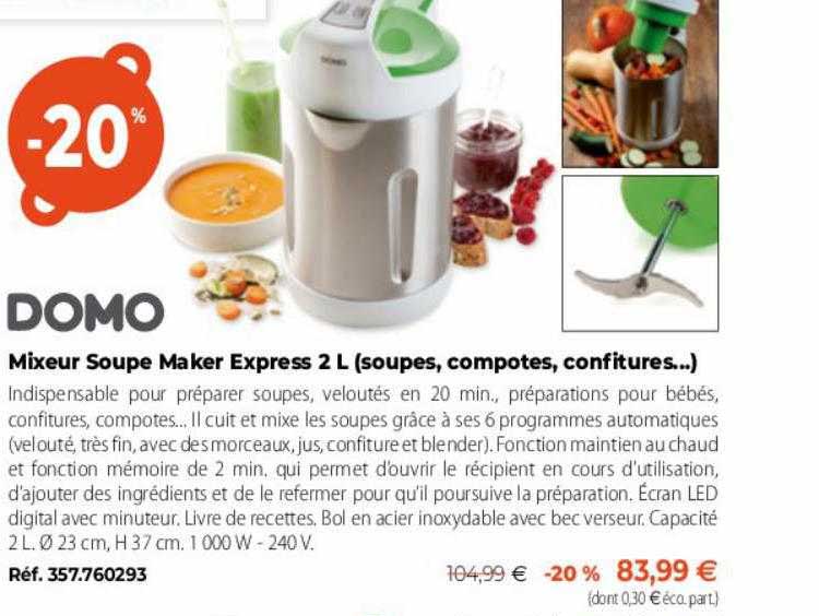 mixeur soupe maker express 2l (soupes, compotes, confiture...) domo