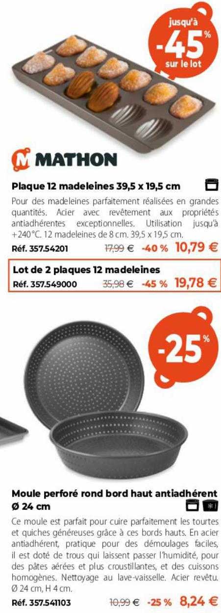 Plaque 12 Madeleines 39,5 X 19,5 Cm Mathon, Moule Perforé Rond Bord Haut Antiadhérent ø 24 Cm