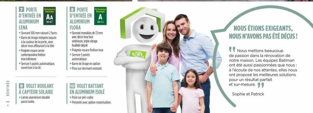 porte d'entrée en aluminium lena, porte d'entrée en aluminium flora, volet roulant à capteur solaire, volet battant en aluminium isolé
