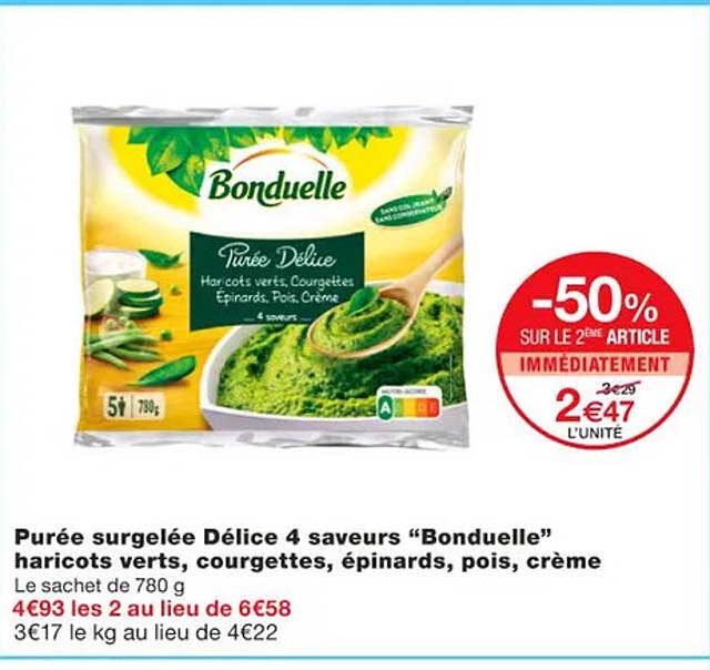 Purée Surgelée Délice 4 Saveurs "bonduelle" Haricots Verts, Courgettes, épinards, Pois, Crème