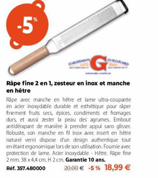 râpe fine 2 en 1, zesteur en inox et manche en hêtre