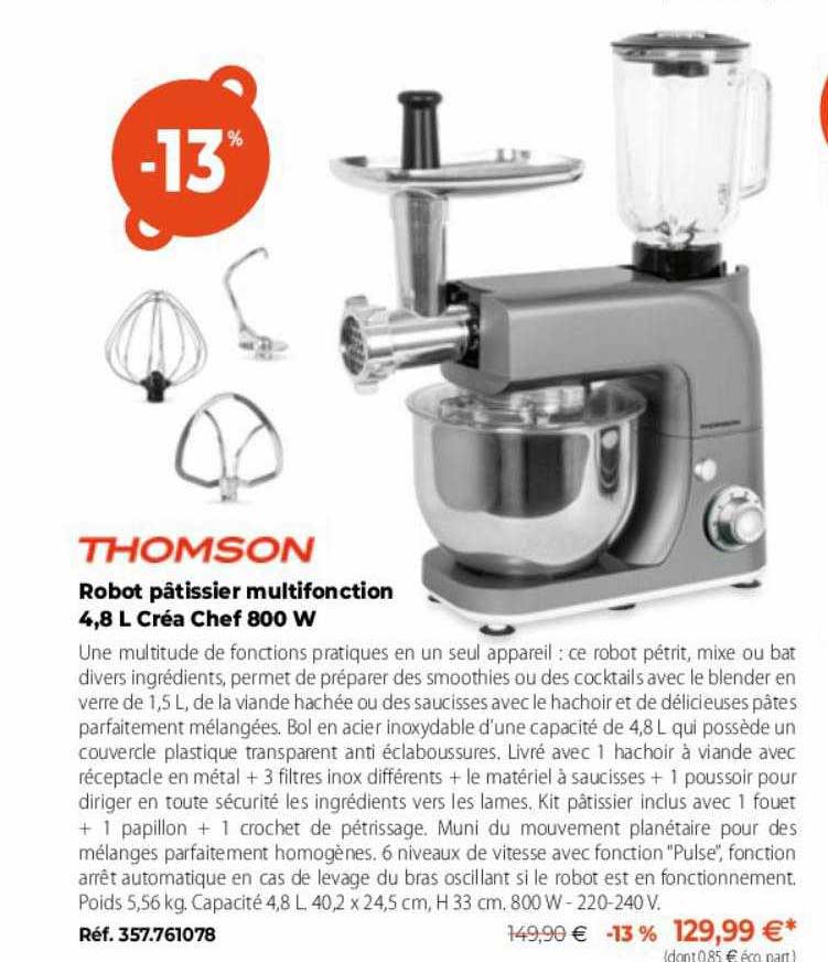 robot pâtissier multifonction 4,8l créa chef 800w thomson