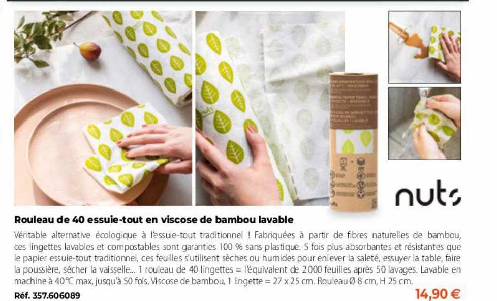 rouleau de 40 essuie-tout en viscose de bambou lavable nuts
