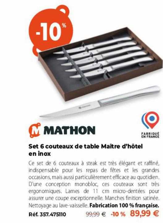 set 6 couteaux de table maître d'hôtel en inox mathon