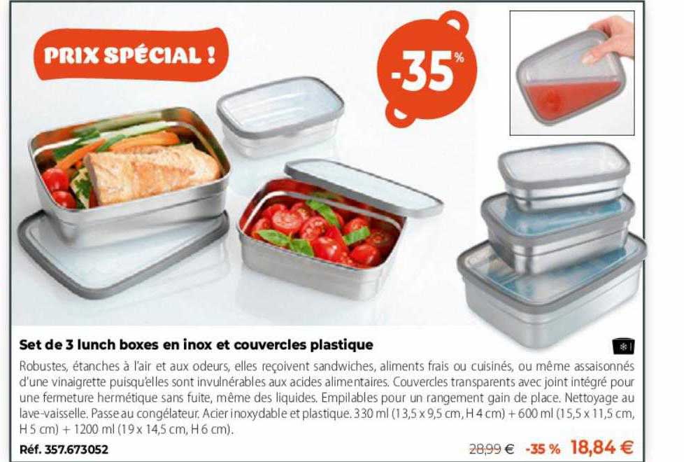 Set De 3 Lunch Boxes En Inox Et Couvercles Platique