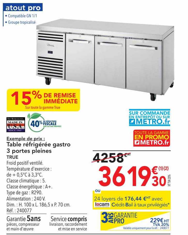 table réfrigérée gastro 3 portes pleines true