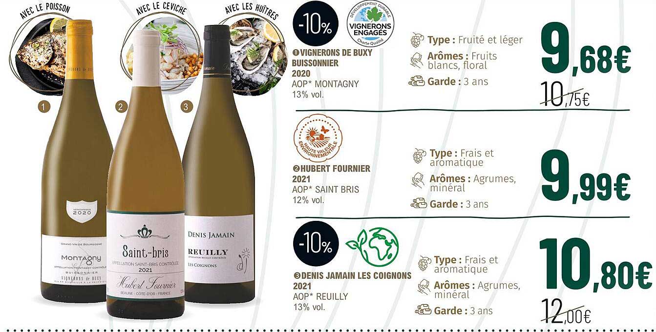 vigneron de buxy buissonnier 2020 aop montagny 13%, hubert fourner 2021 aop saint bris 12% vol. denis jamain les coignons 2021 aop reuilly 13% vol.