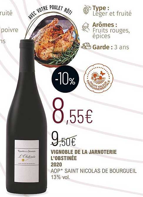 vignoble de la jarnoterie l'obstinée 2020 aop saint nicolas de bourgueil 13% vol.