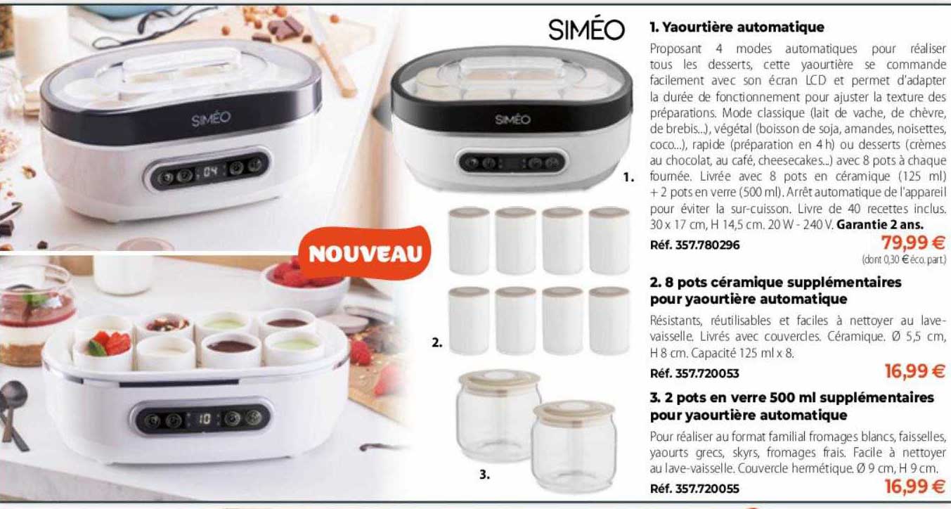 yaourtière automatique siméo, 8 pots céramique supplémentaires pour yaourtière automatique siméo, 2 pots en verre 500ml supplémentaires pour yaourtière automatique siméo