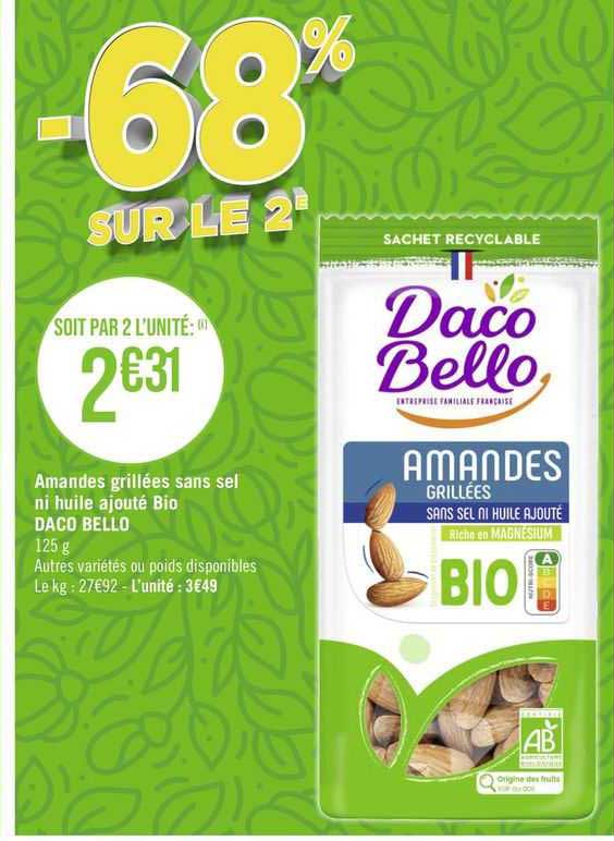 amandes grillées sans sel ni huile ajouté bio daco bello