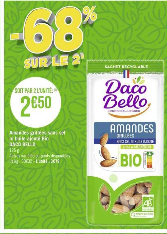 amandes grillées sans sel ni huile ajouté bio daco bello