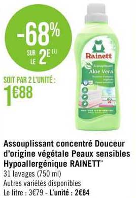 assouplissant concentré douceur d'origine végétale peaux sensibles hypoallergénique rainett