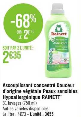 assouplissant concentré douceur d'origine végétale peaux sensibles hypoallergénique rainett