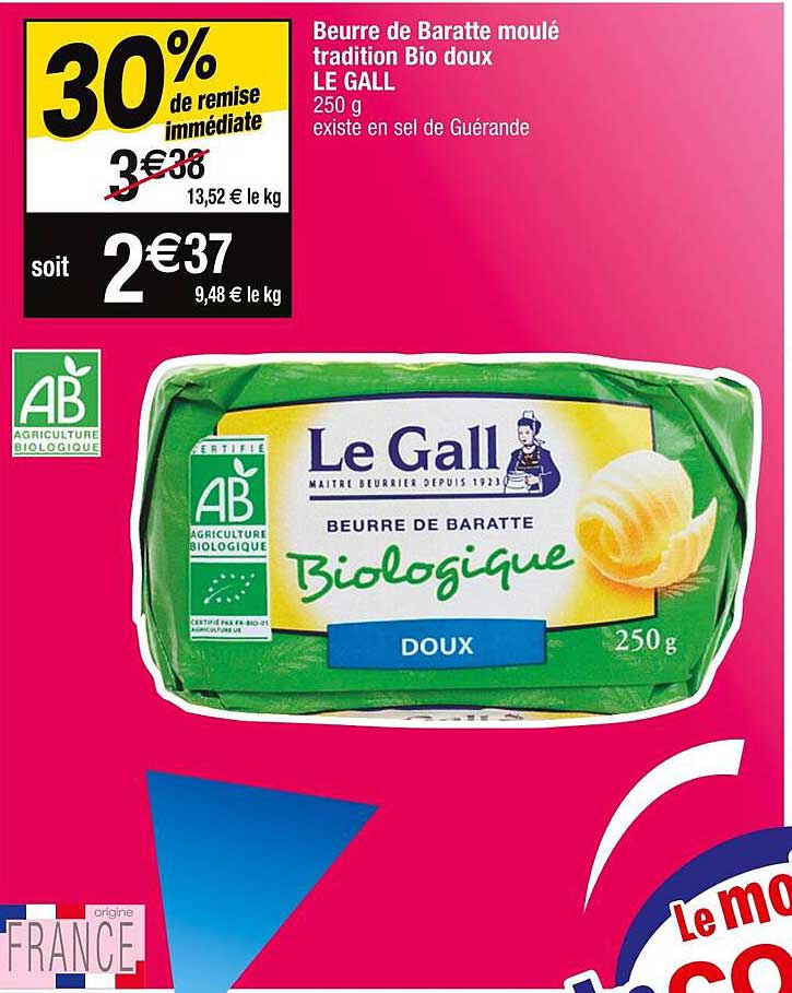 beurre de baratte moulé tradition bio doux le gall