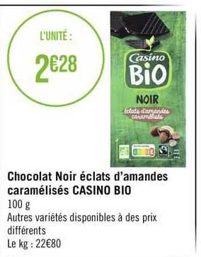 chocolat noir éclats d'amandes caramélisés casino bio