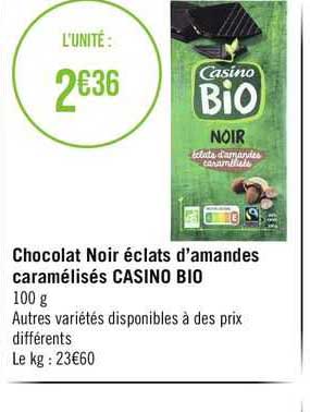 chocolat noir éclats d'amandes caramélisés casino bio