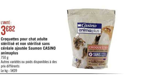 croquettes pour chat adulte stérilisé et non stérilisé sans céréale ajoutée saumon casino animaplus