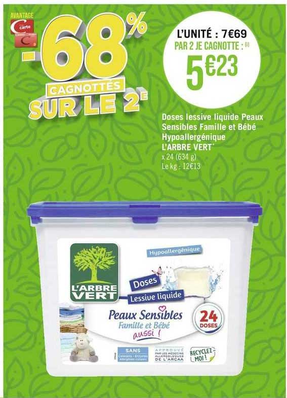 doses lessive liquide peau sensibles famille et bébé hypoallergénique l'arbre vert