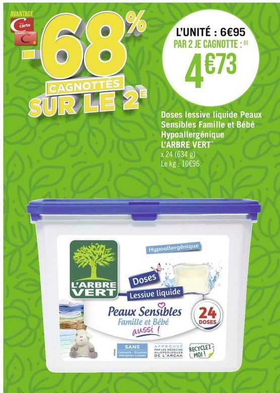 doses lessive liquide peaux sensibles famille et bébé hypoallergénique l'arbre vert