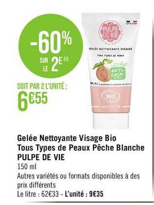 gelée nettoyante visage bio tous types de peaux pêche blanche pulpe de vie