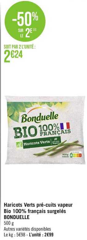 Haricots Verts Pré-cuits Vapeur Bio 100% Français Surgelés Bonduelle