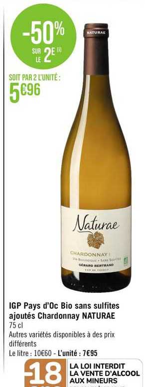 igp pays d'oc bio sans sulfite ajoutés chardonnay naturae