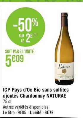igp pays d'oc bio sans sulfites ajoutés chardonnay naturae