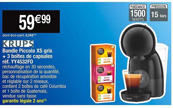 krups bundle piccolo xs gris + 3 boîtes de capsules réf. yy4532fd