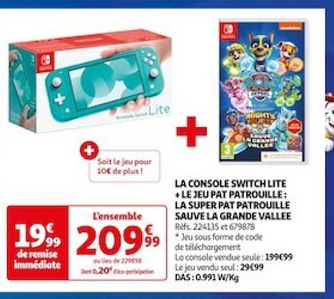 la console switch lite + le jeu pat patrouille : la super pat patrouille sauve la grande vallée