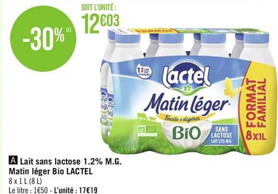 lait sans lactose 1.2% m.g matin léger bio lactel