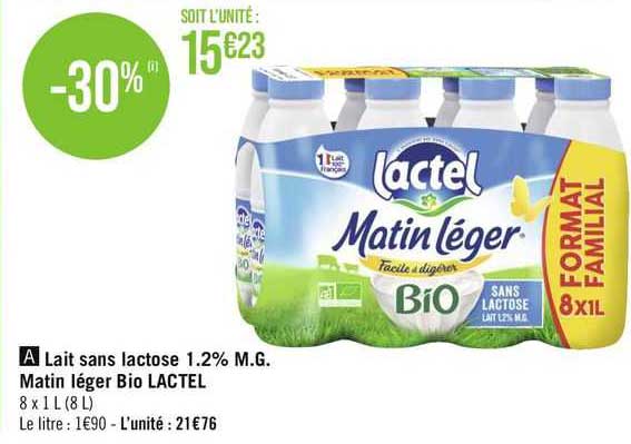 lait sans lactose 1.2% m.g. matin léger bio lactel