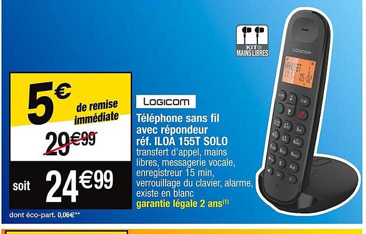 logicon téléphone sans fil avec répondeur réf. iloa 155t solo