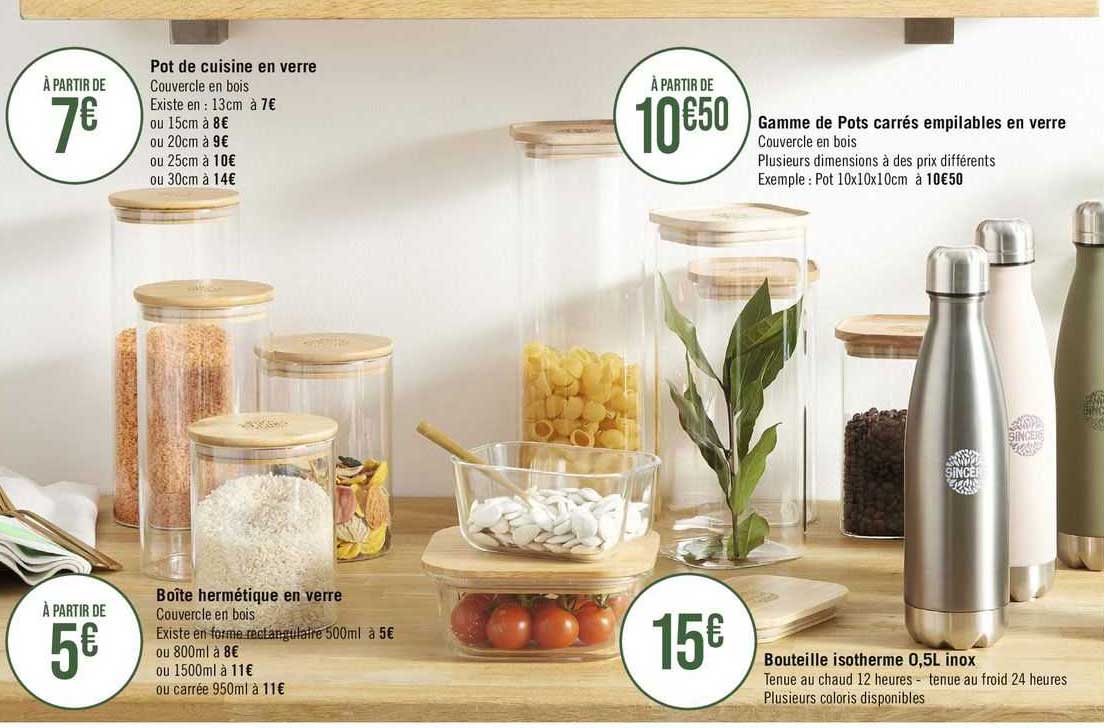 pot de cuisine en verre, boîte hermétique en verre, gamme de pots carrés empilables en verre, bouteille isotherme 0,5 l inox