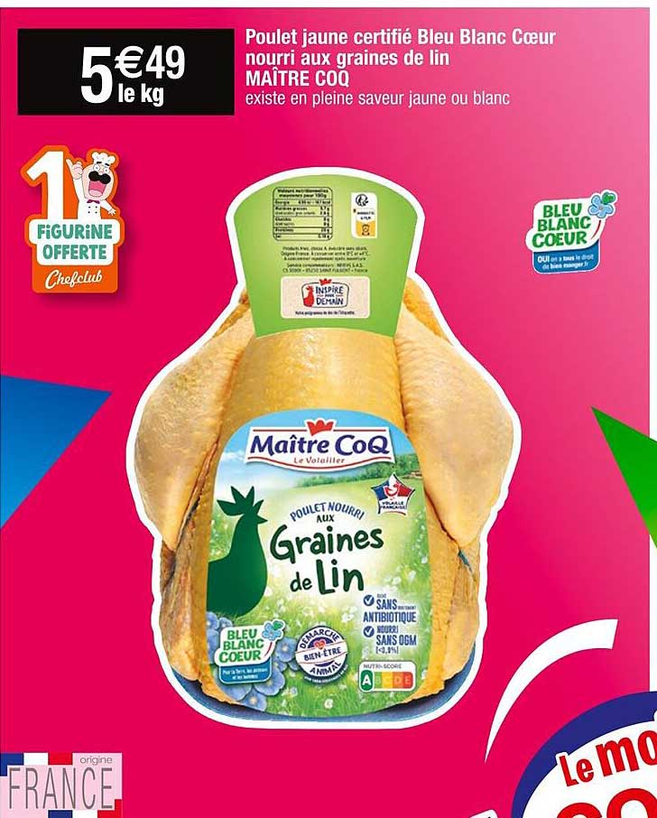 poulet jaune certifié bleu blanc coeur nourri aux graines de lin maître coq
