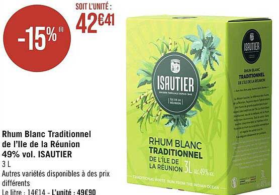 rhum blanc traditionnel de l'île de la réunion 49% vol. isautier