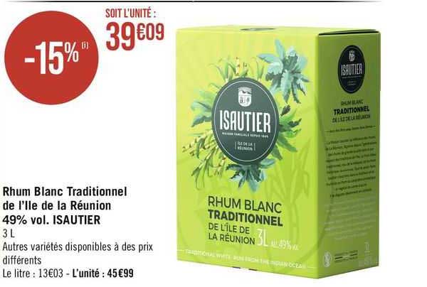 rhum blanc traditionnel de l'île de la réunion 49% vol. isautier