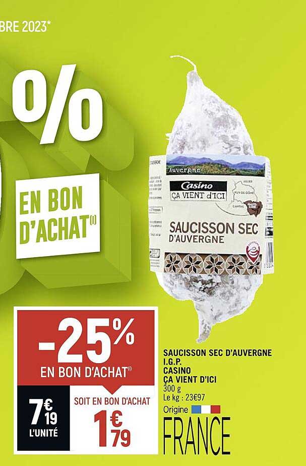 saucisson sec d'auvergne i.g.p casino ça vient d'ici