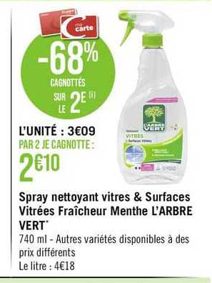 spray nettoyant vitres & surfaces vitrées fraîcheur menthe l'arbre vert